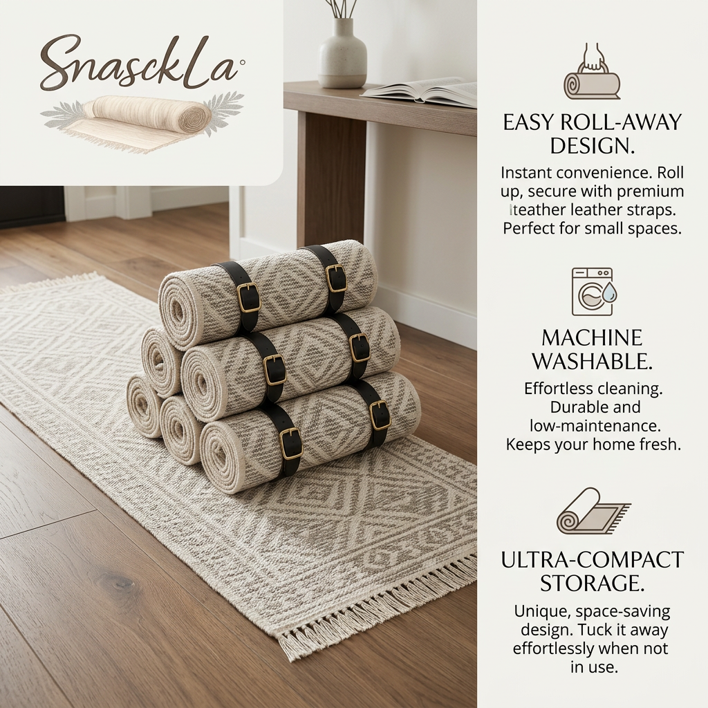 SnasckLa™ Machine Washable Runner Rug with Premium Leather Straps - Roll-Up Geometric Accent Rug for Hallway, Entryway, and Kitchen | Space-Saving, Easy-Storage Fringed Area Carpet