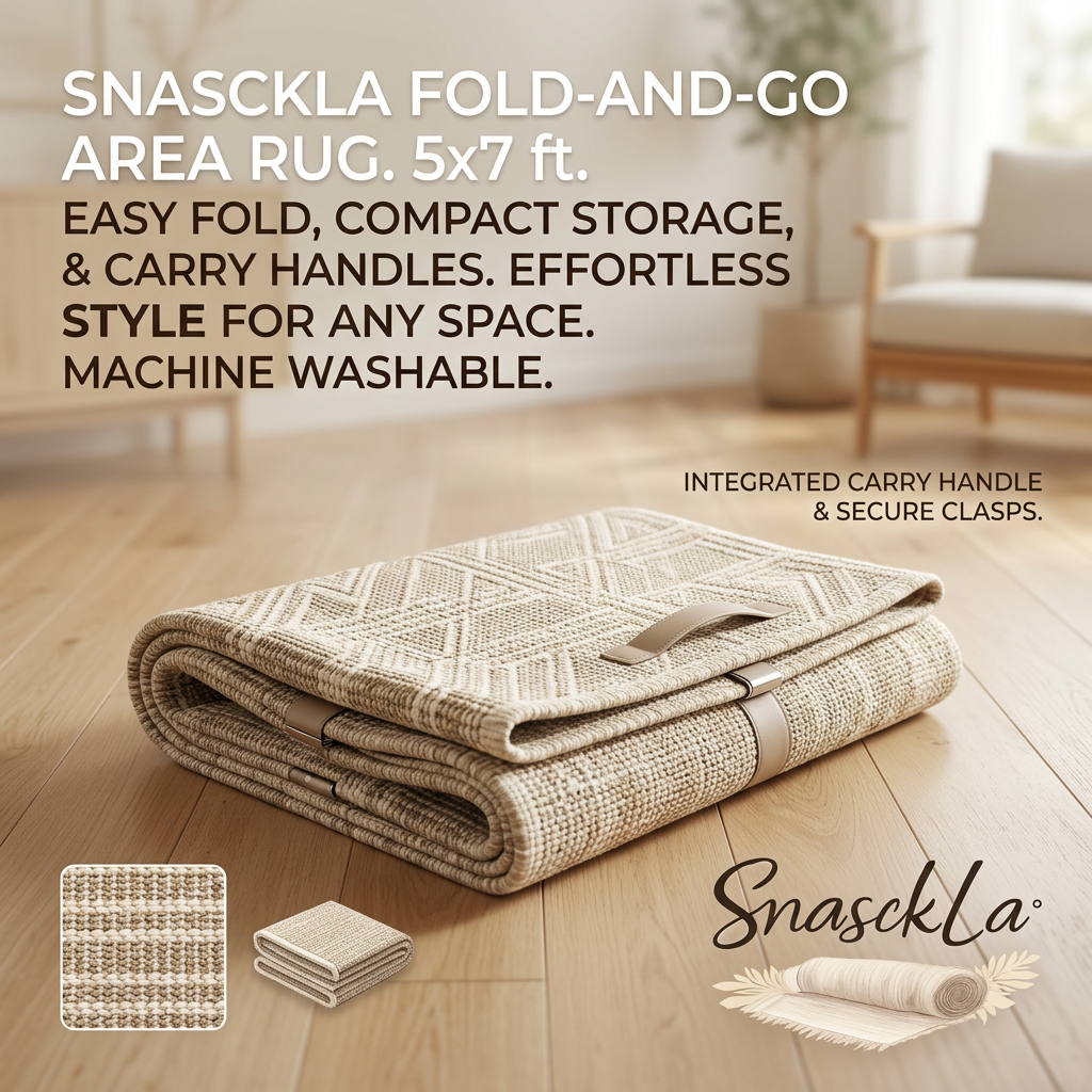 SnasckLa™ 5x7 Ft Foldable Area Rug - Machine Washable Fold-and-Go Carpet with Integrated Carry Handle & Secure Clasps, Modern Neutral Textured Indoor Rug for Living Room, Bedroom, & Patio