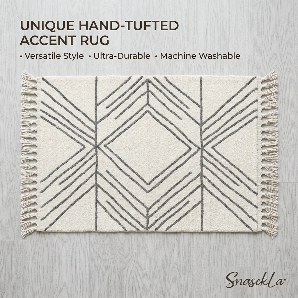 SnasckLa™ Hand-Tufted Geometric Accent Rug with Tassels - Machine Washable Boho Area Rug, Cotton Textured Cream and Grey Throw Rug for Bedroom, Living Room, Entryway, and Bathroom