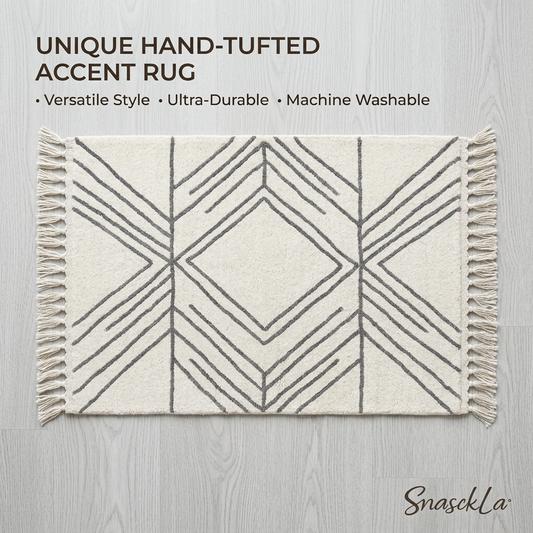 SnasckLa™ Hand-Tufted Geometric Accent Rug with Tassels - Machine Washable Boho Area Rug, Cotton Textured Cream and Grey Throw Rug for Bedroom, Living Room, Entryway, and Bathroom